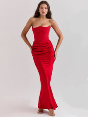 Celestine Corset Maxi Dress - Red, front angle displaying the structured corset and elegant draped fabric.