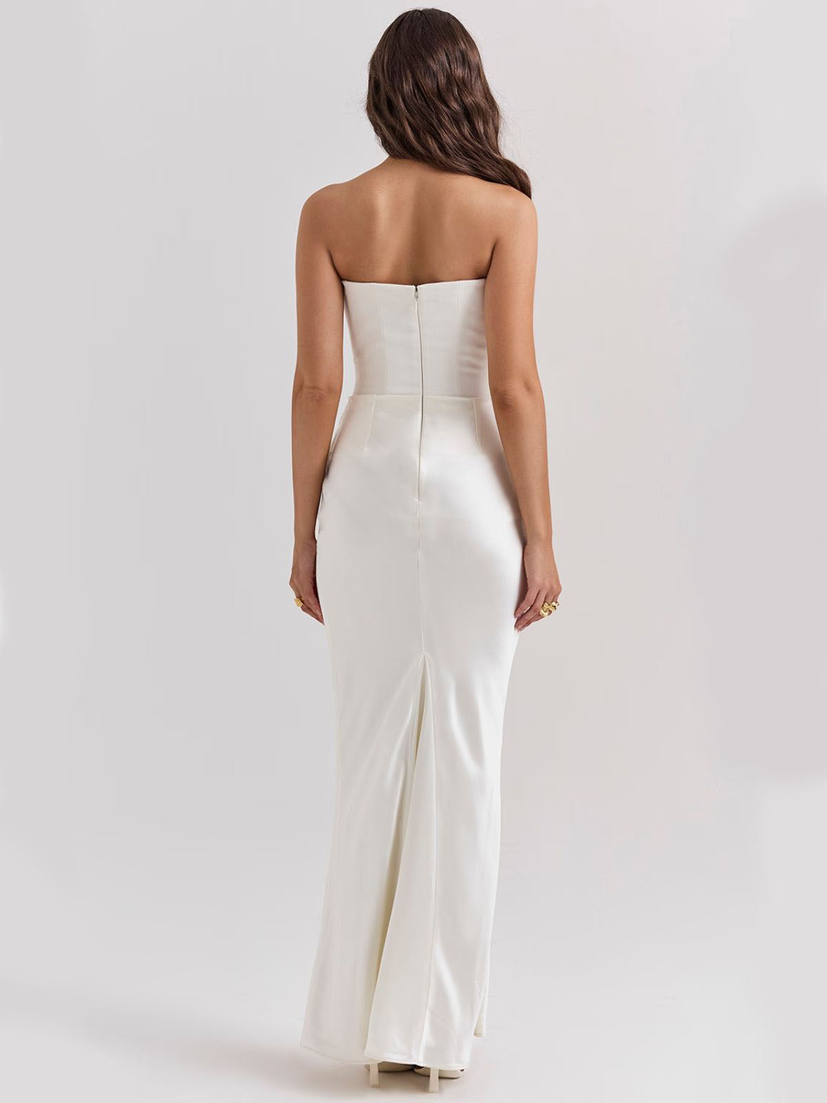 Celestine Corset Maxi Dress - White, full-length front view highlighting the fitted corset top and sleek satin fabric.