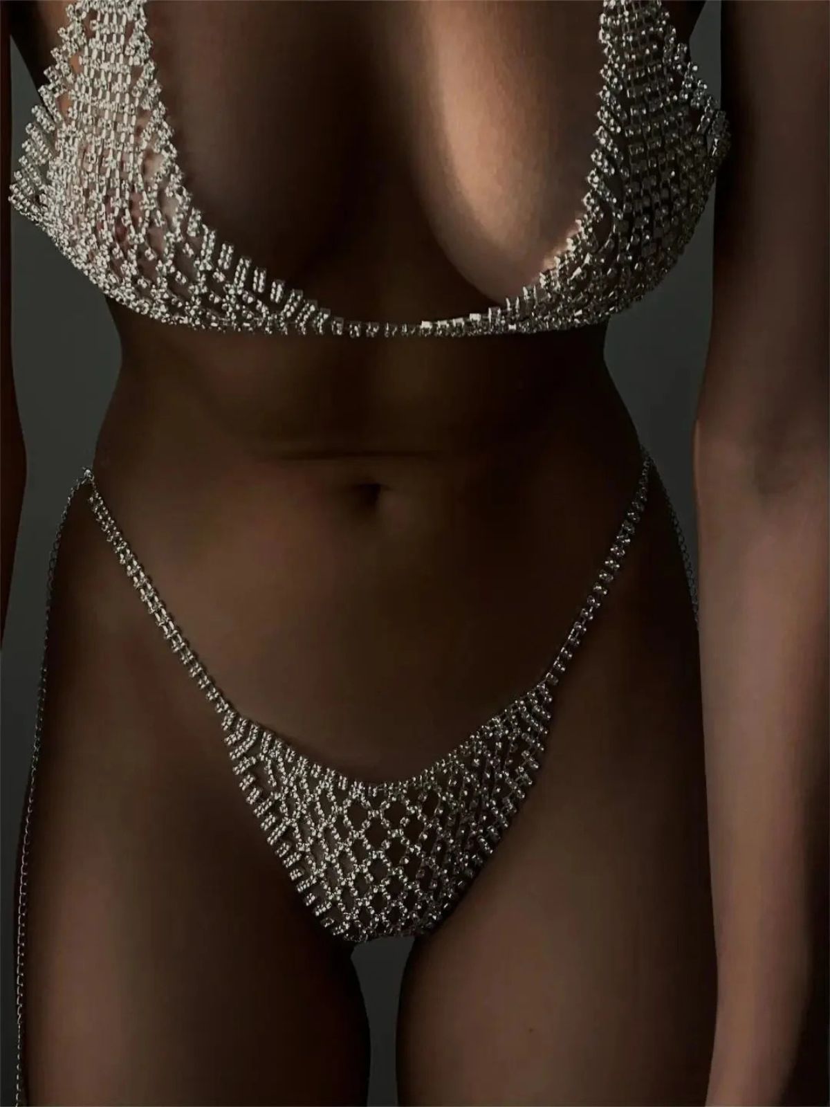 Crystal Elegance Set, close-up of the rhinestone bikini top showing intricate sparkling details.