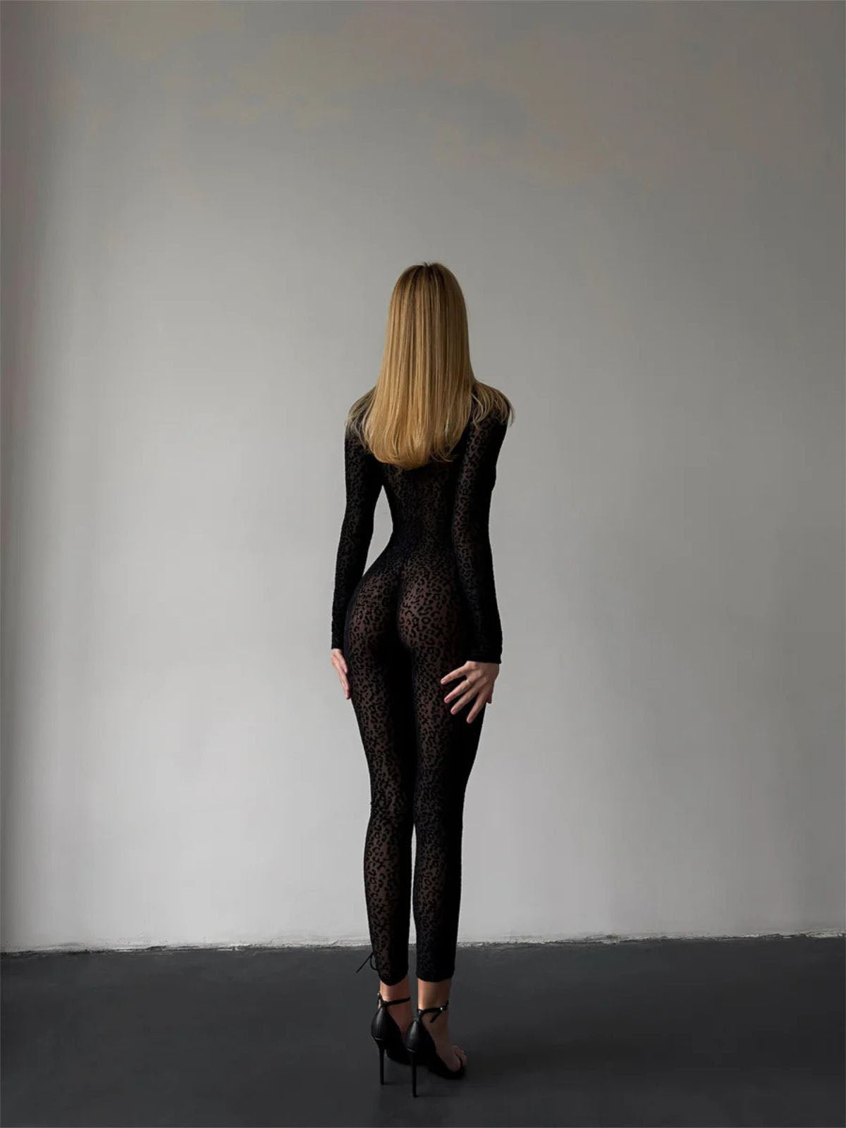 cutout bodysuit full back view, sheer leopard mesh, ankle length