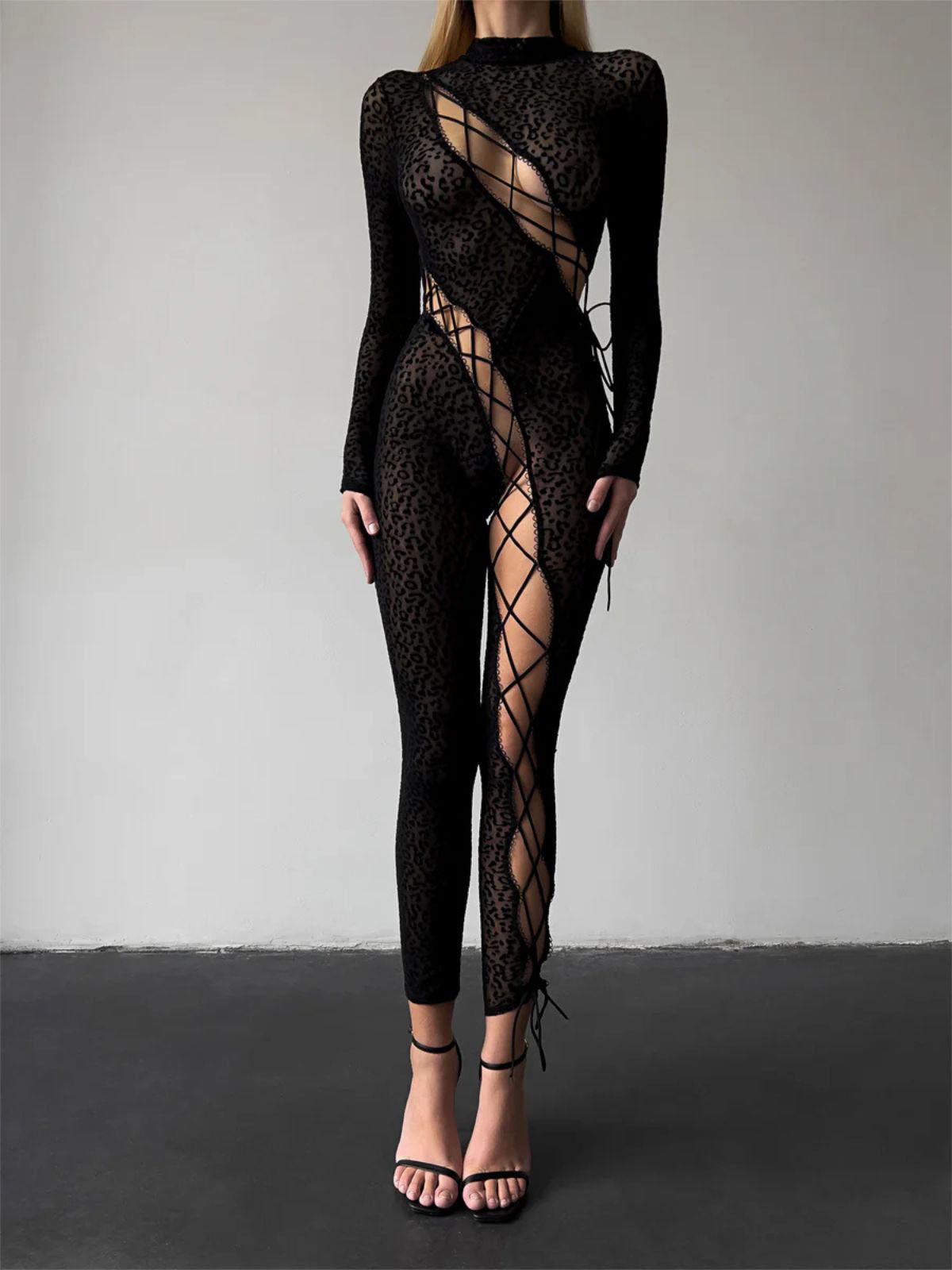 cutout bodysuit with sheer leopard mesh and lace-up front, long sleeves, black