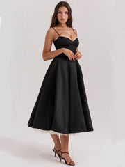 Eclipse Corset Gown – A classic black corset dress with a luxurious satin finish, lace trim, and voluminous skirt for timeless elegance.