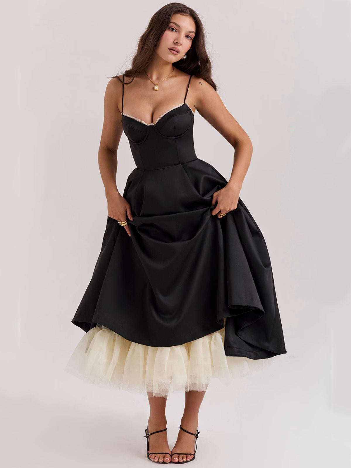 Eclipse Corset Gown – A luxury black corset dress featuring a fitted satin corset, delicate lace details, and a timeless, romantic feel.