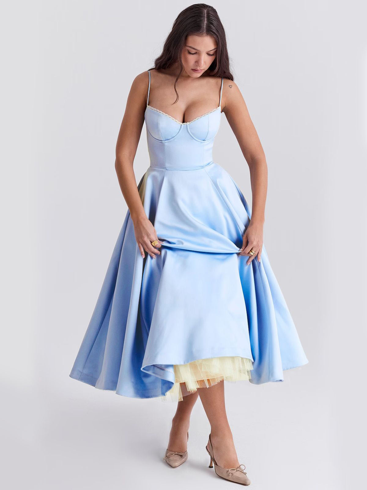 Eclipse Corset Gown – A classic blue corset dress featuring a cinched waist, flared hemline, and a dreamy silhouette.