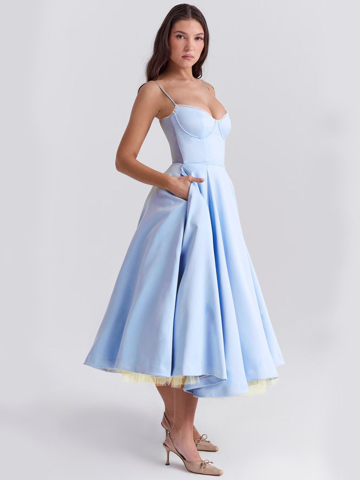 Eclipse Corset Gown – A chic blue midi dress with delicate lace details, a sweetheart neckline, and vintage charm.