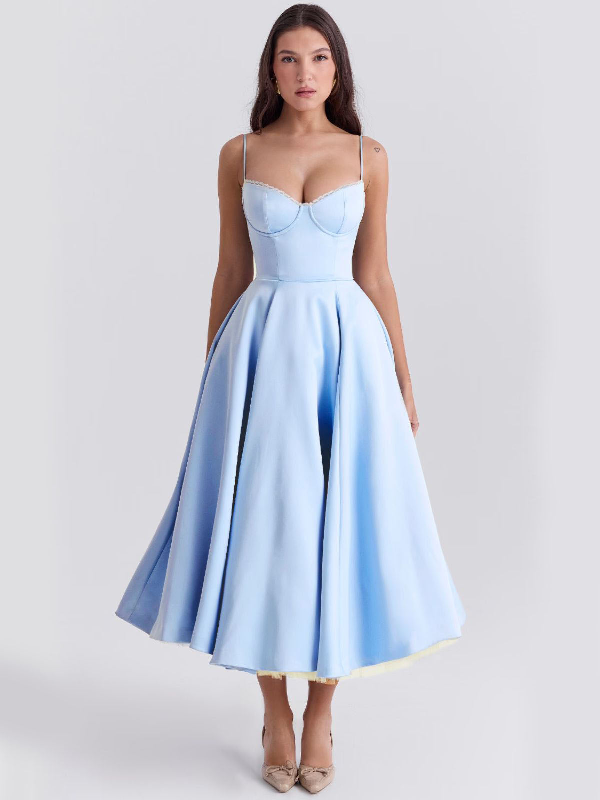 Eclipse Corset Gown – A retro-style blue midi dress with a fitted corset top, elegant satin fabric, and soft tulle underlayer.