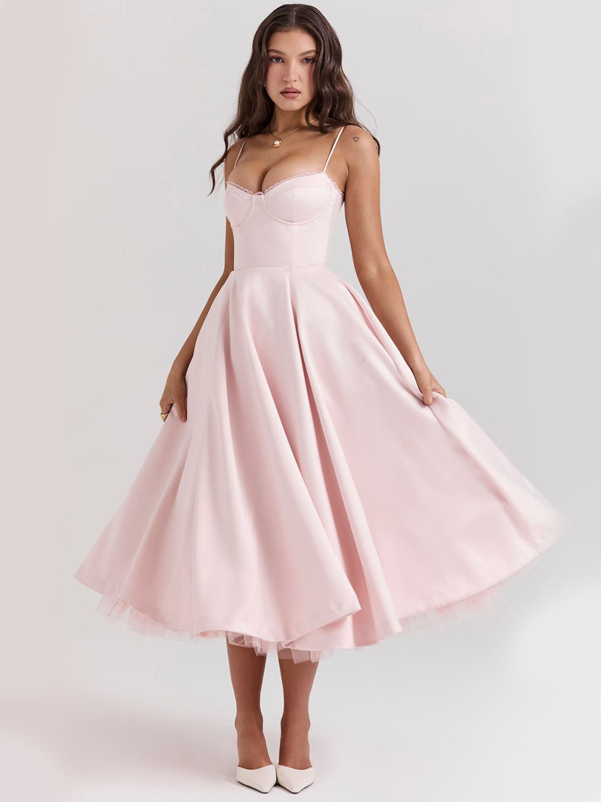 Eclipse Corset Gown – A classic pink corset dress featuring a structured bustier, flared hemline, and a romantic vintage silhouette.