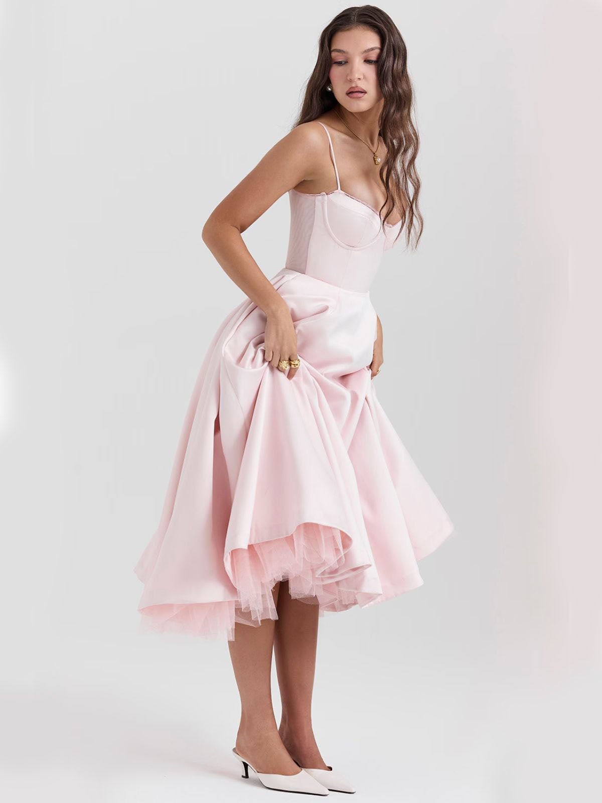 Eclipse Corset Gown – A luxury pink corset dress with a structured satin corset top, tulle underlay, and a timeless feminine aesthetic.