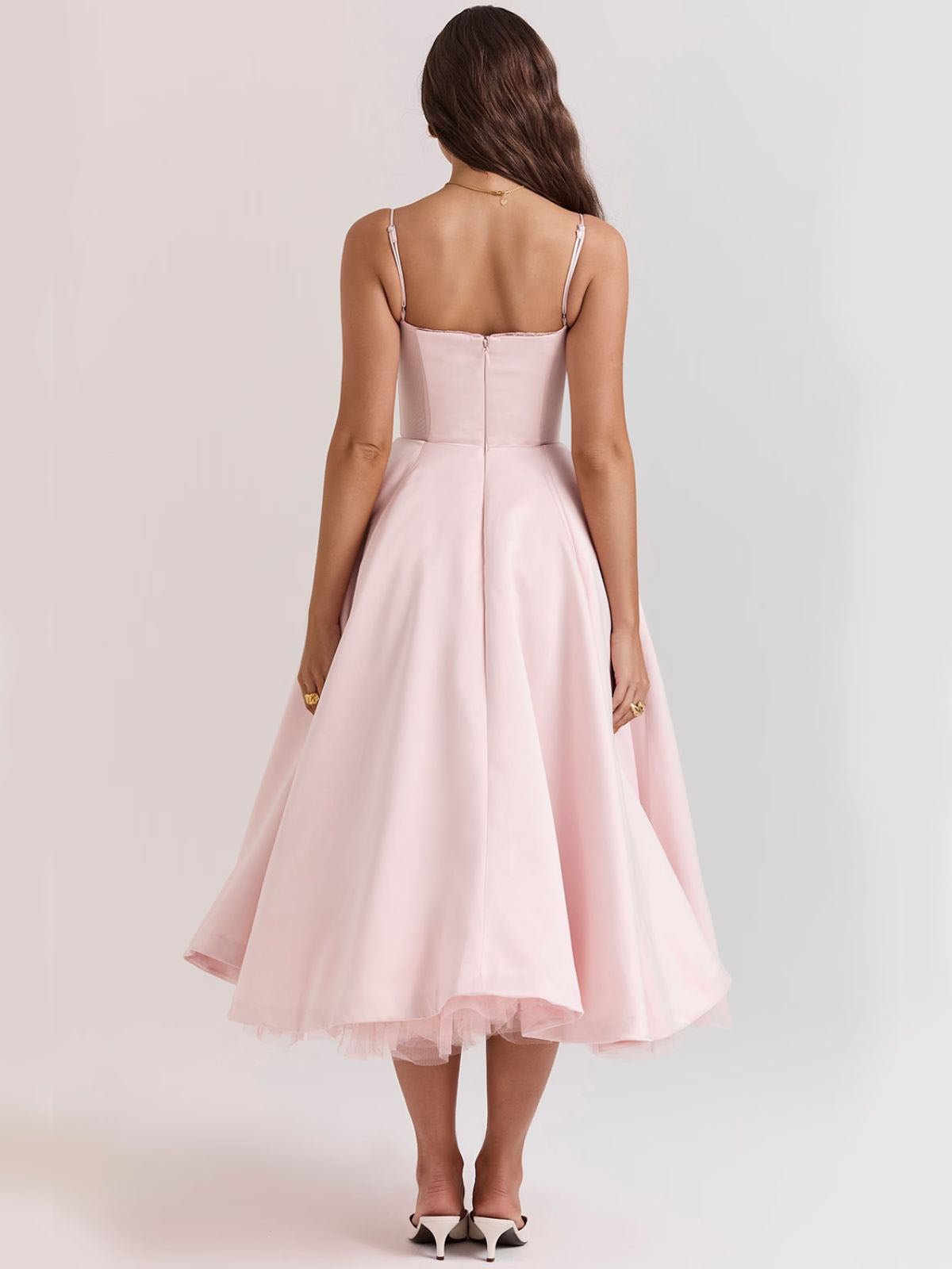 Eclipse Corset Gown – A vintage-inspired pink corset dress with a fitted bodice, delicate lace trim, and a voluminous flared skirt.