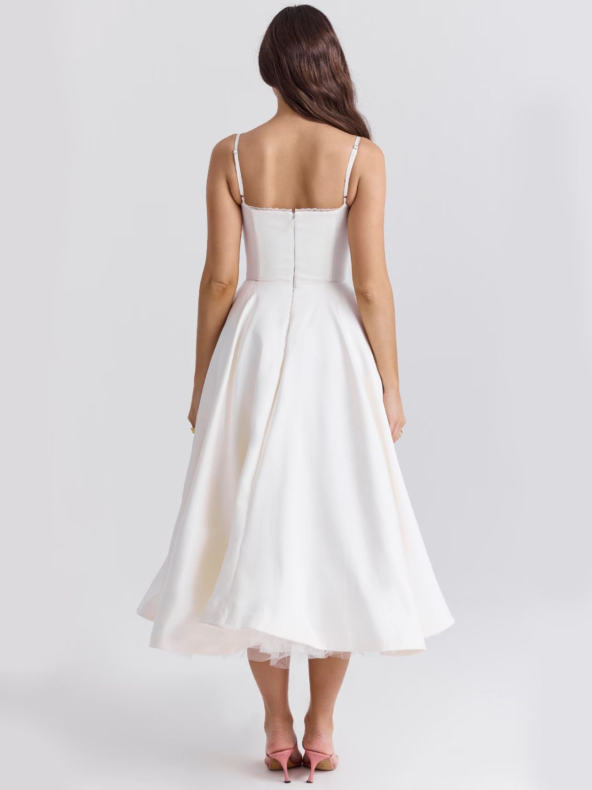 Eclipse Corset Gown – A luxury white corset dress designed with satin elegance, a romantic tulle underskirt, and timeless femininity.