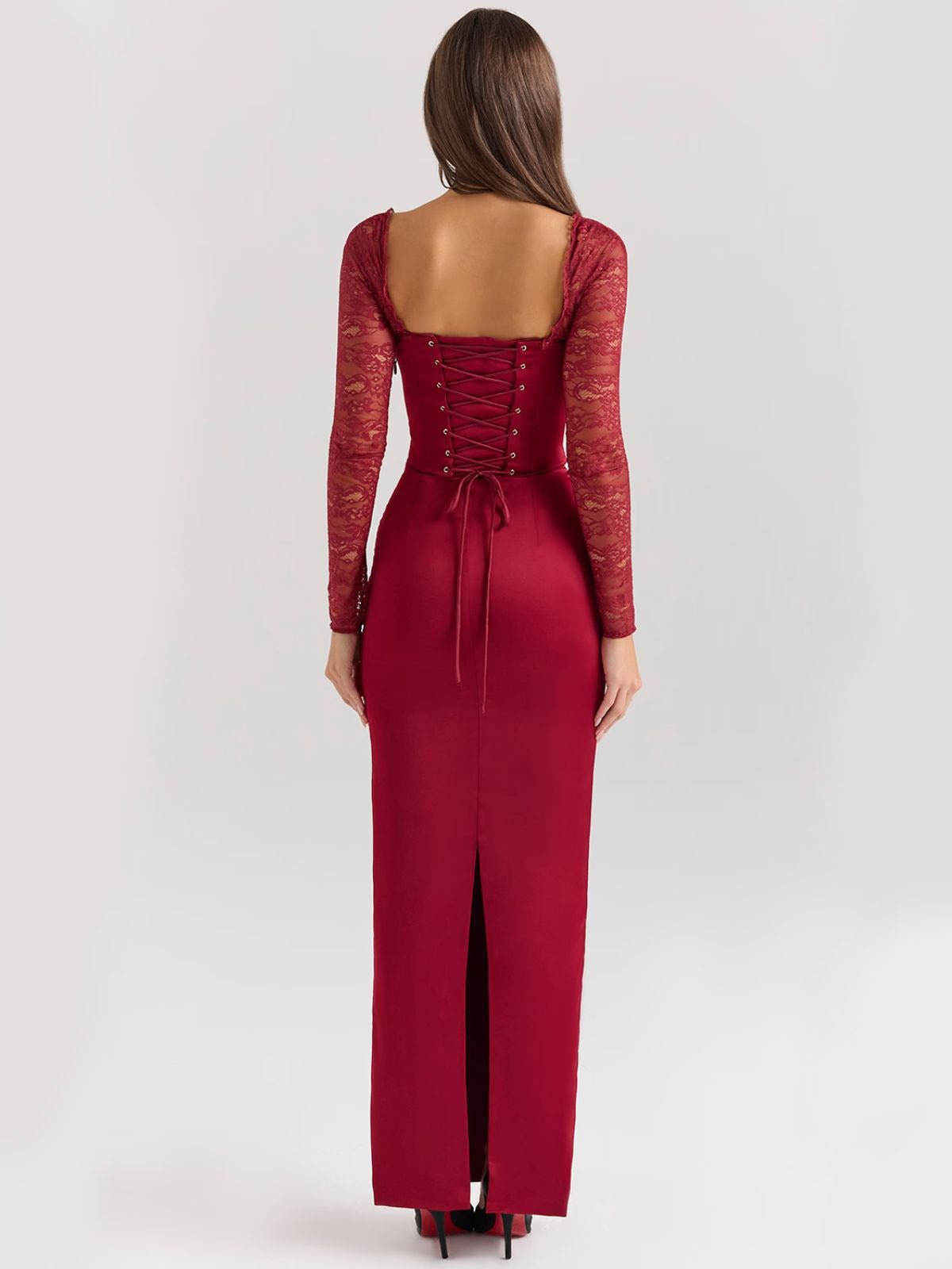 Elara Satin Maxi Corset Dress - Cherry, back view showing lace-up corset closure and slit detail.