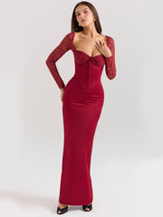 Elara Satin Maxi Corset Dress - Cherry, front view showcasing lace sleeves and structured corset bodice.