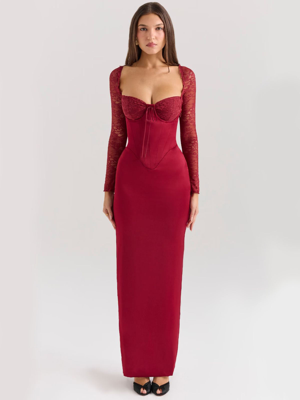 Elara Satin Maxi Corset Dress - Cherry, full-length view highlighting the stunning floor-length fit.