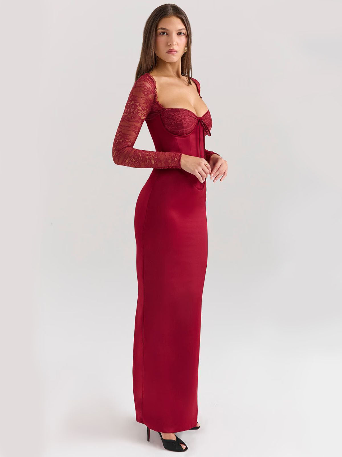 Elara Satin Maxi Corset Dress - Cherry, side profile displaying elegant silhouette and fitted corset.