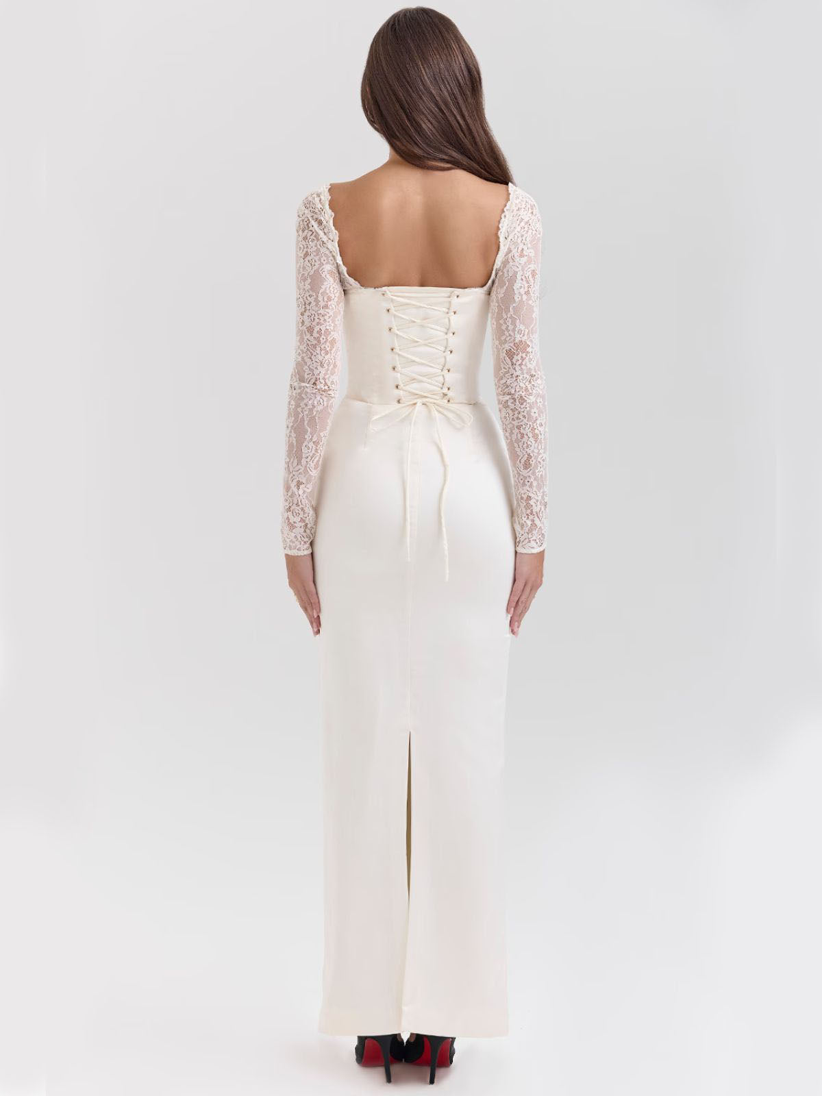 Elara Satin Maxi Corset Dress - Ivory, back view showcasing the lace-up corset closure.