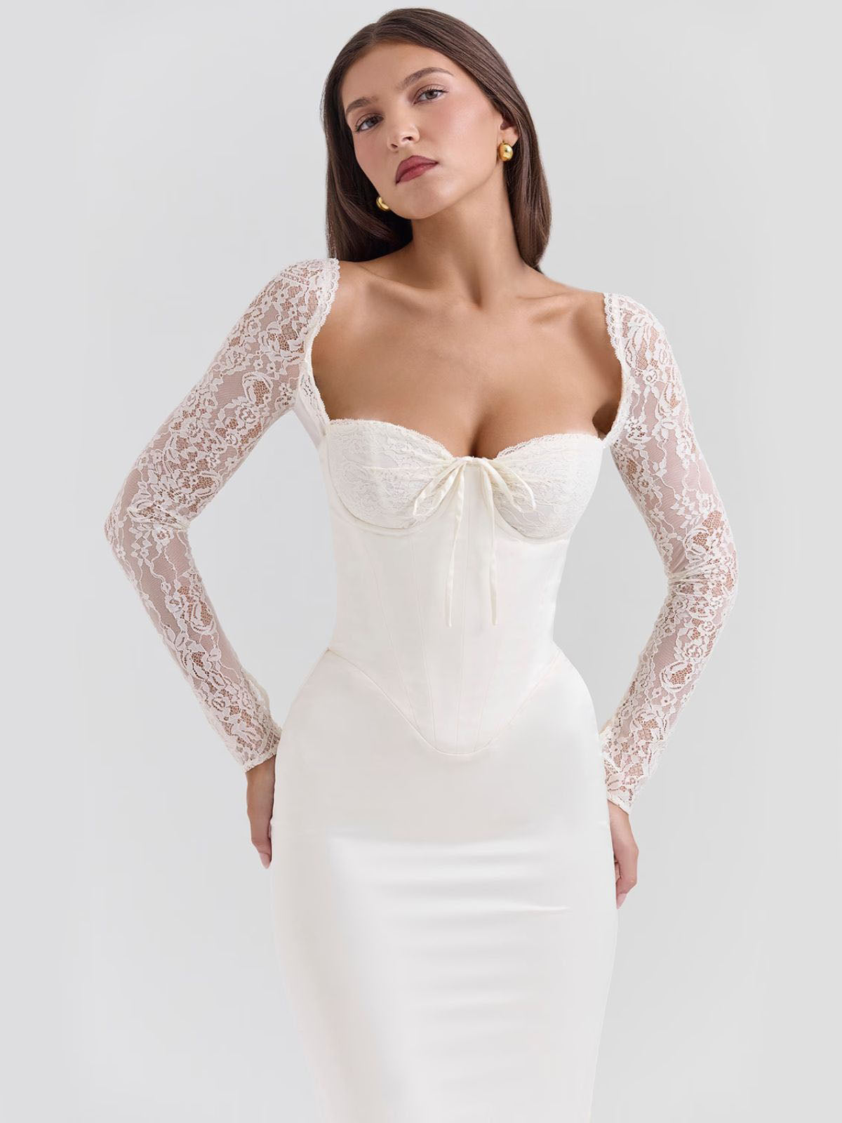 Elara Satin Maxi Corset Dress - Ivory, close-up of lace details and corset bodice.