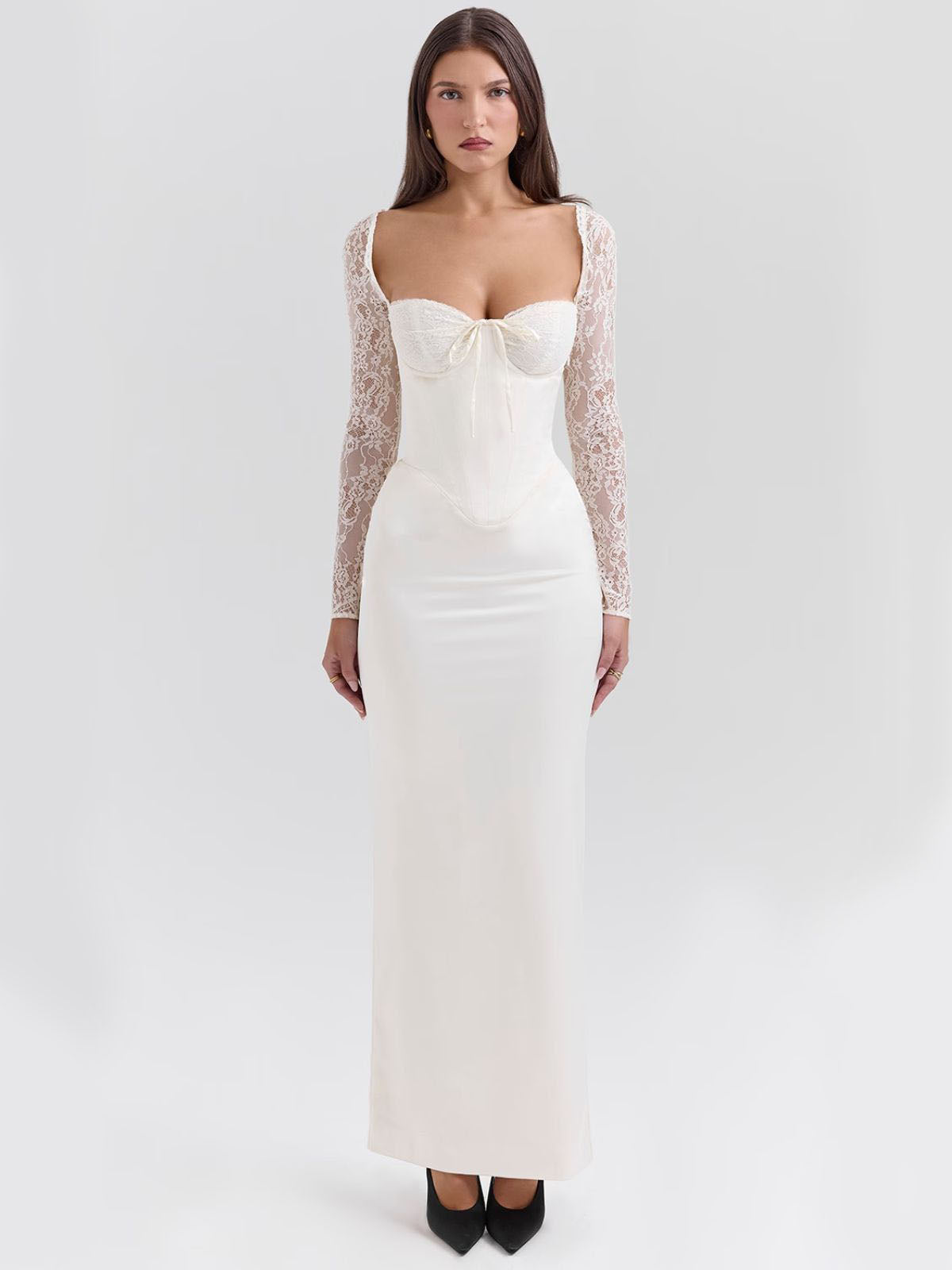 Elara Satin Maxi Corset Dress - Ivory, front view with lace sleeves and a flattering corset fit.