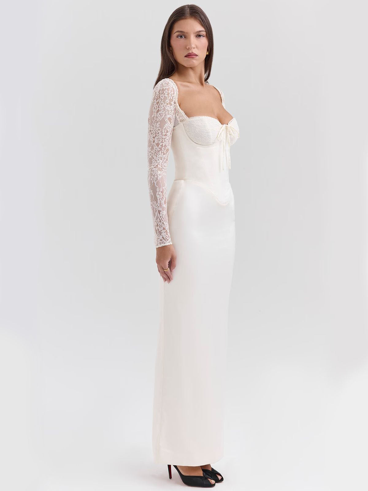Elara Satin Maxi Corset Dress - Ivory, full-length view with a sleek, floor-length finish.