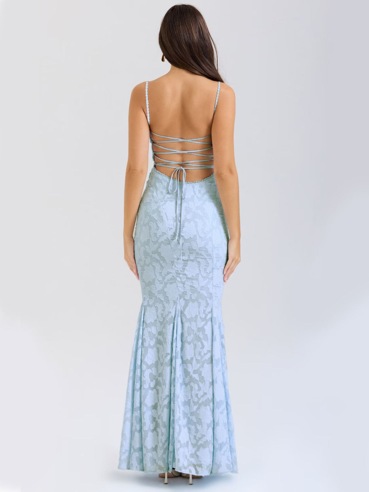 Elena Lace-Up Back Maxi Dress - Blue, back view with crisscross lace-up detailing.