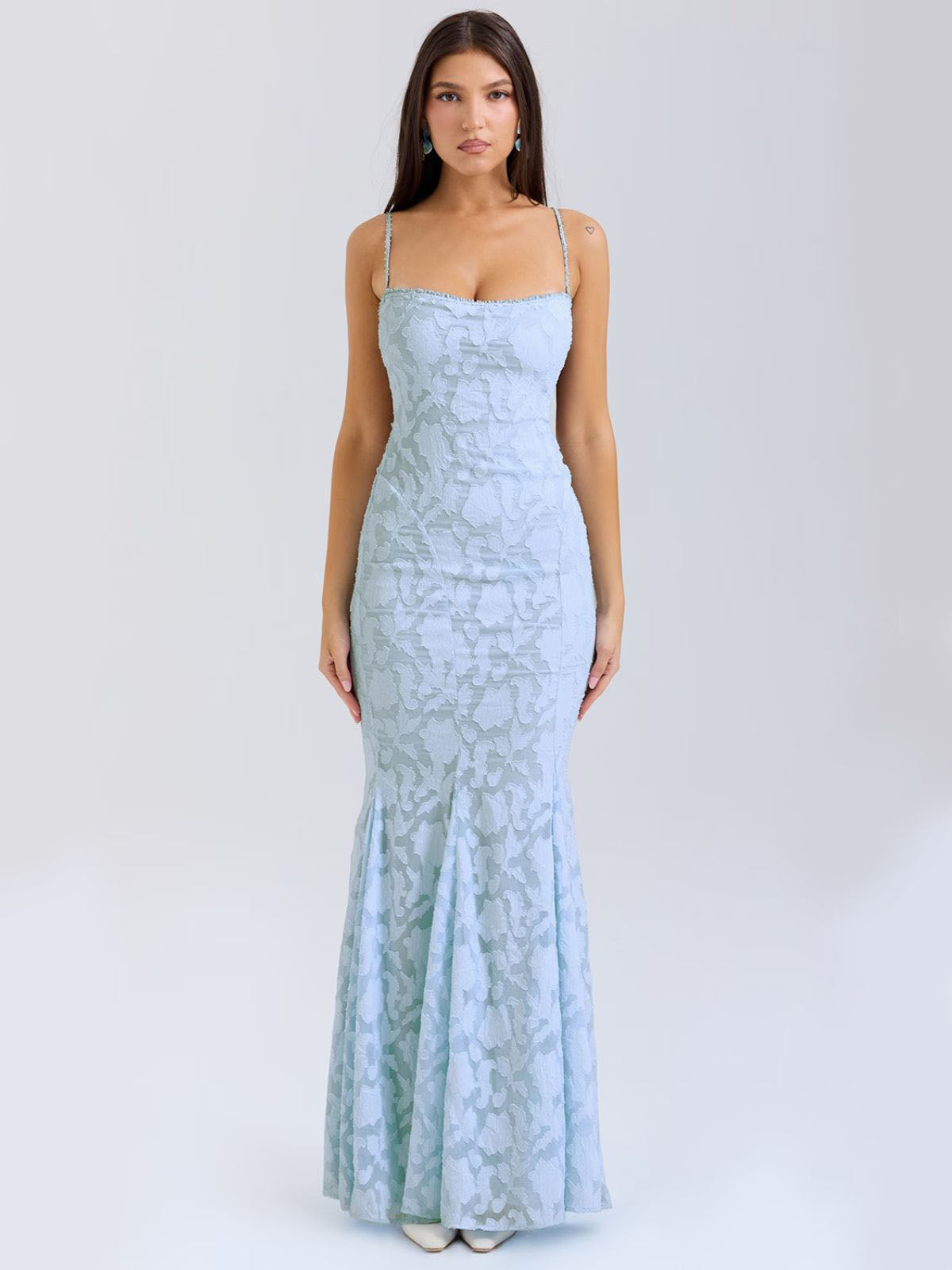 Elena Lace-Up Back Maxi Dress - Blue, front view showcasing the delicate lace design.