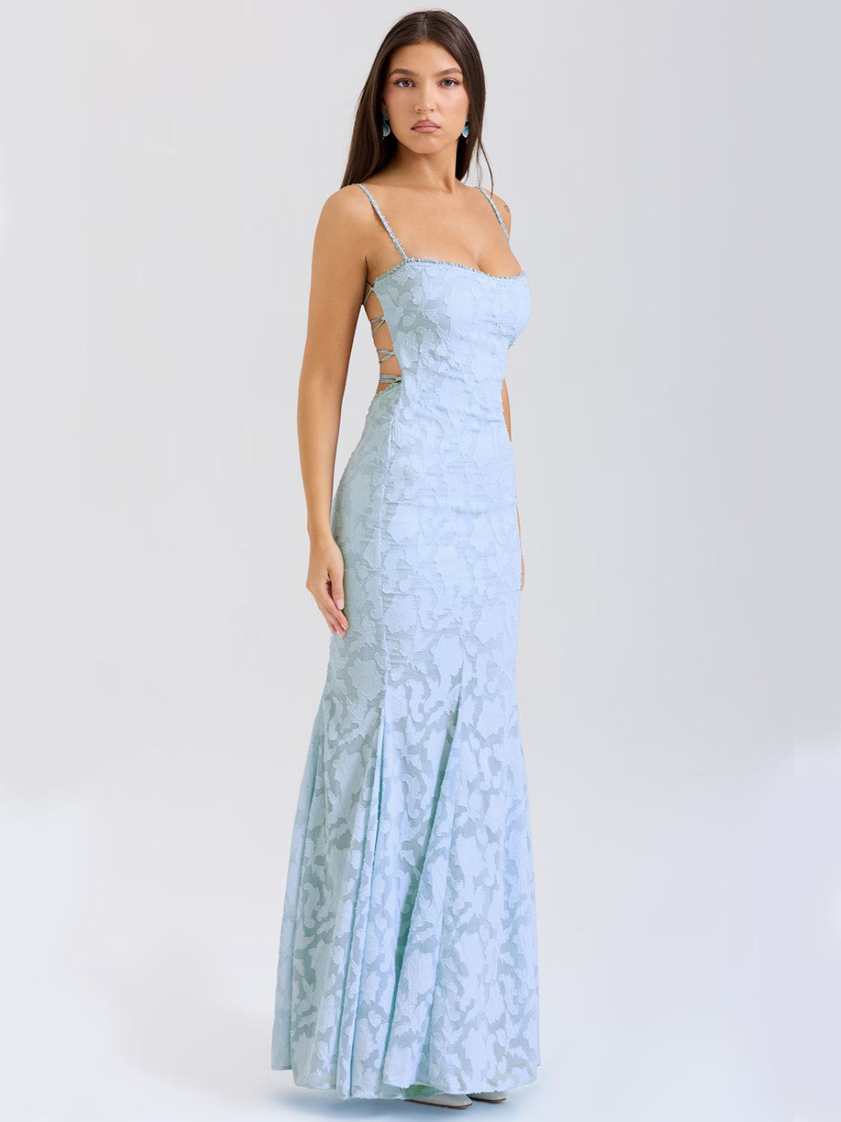 Elena Lace-Up Back Maxi Dress - Blue, full-length view with a flattering mermaid silhouette.