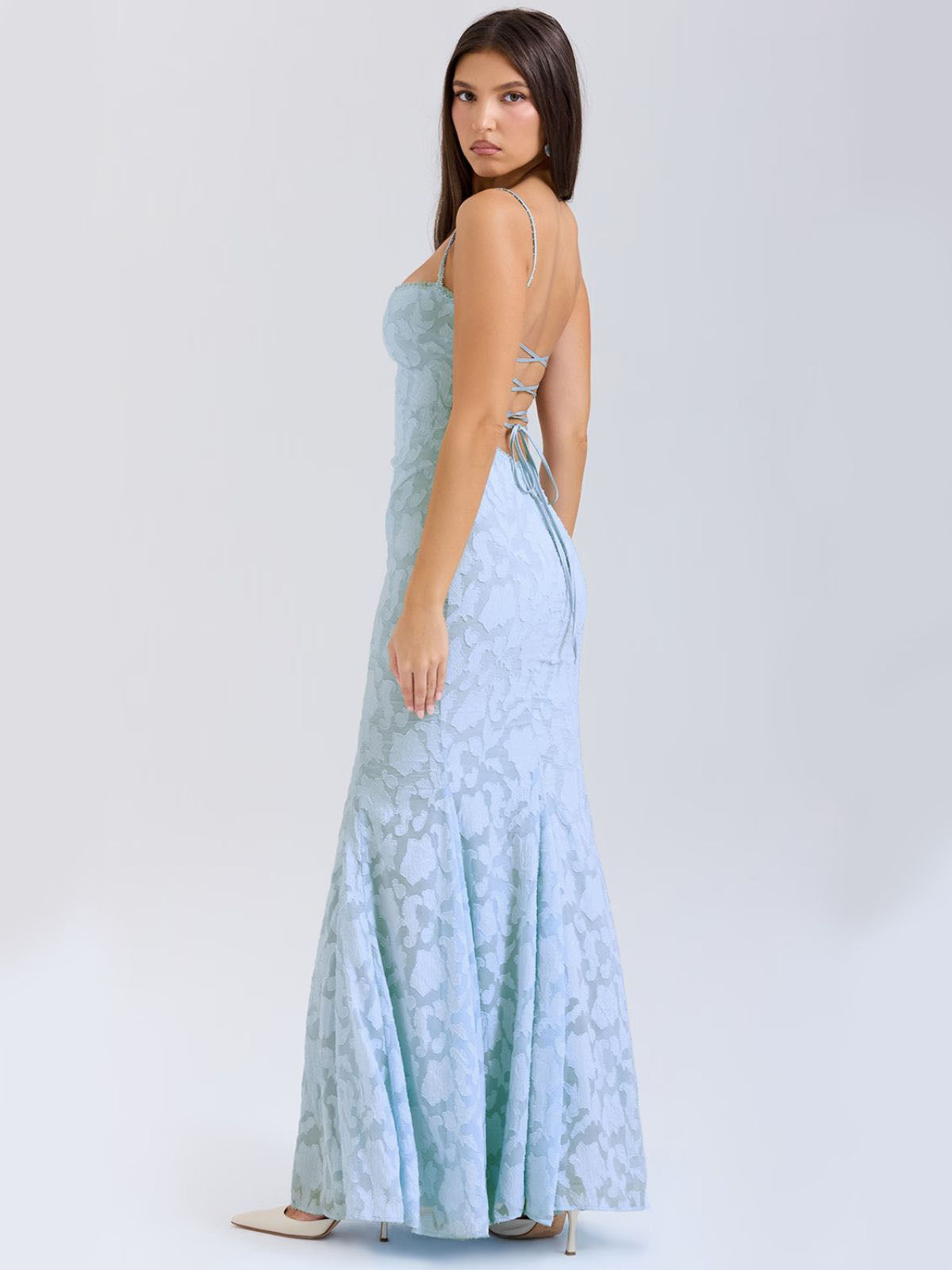 Elena Lace-Up Back Maxi Dress - Blue, side view with intricate lace details and elegant fit.