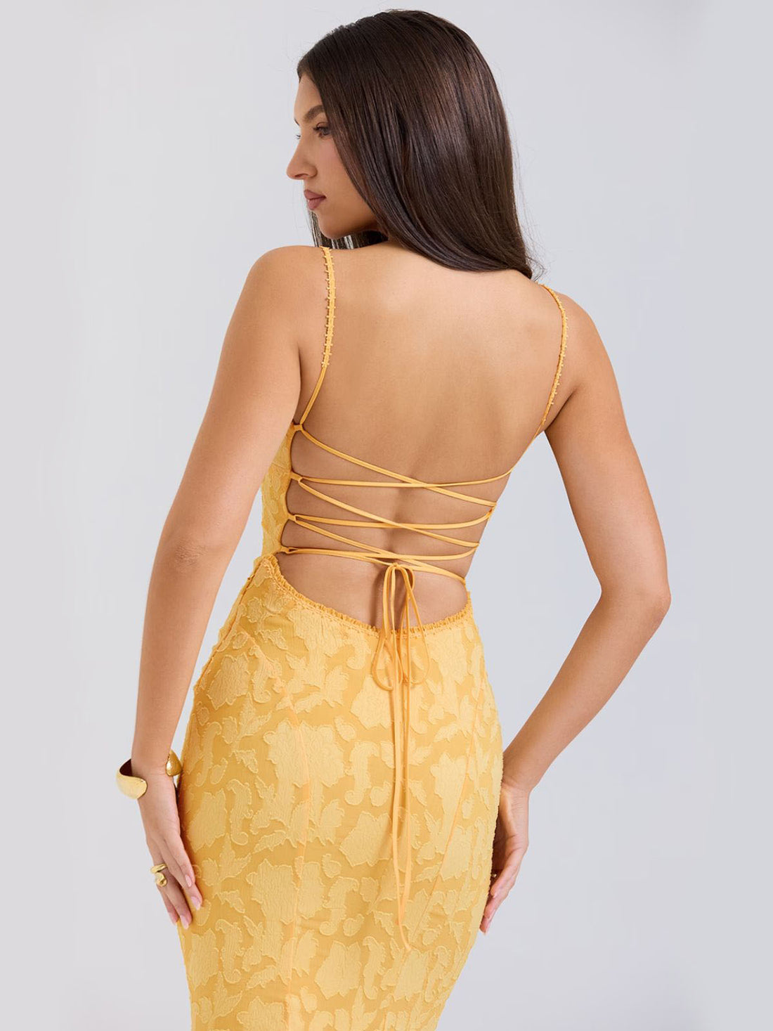 Elena Lace-Up Back Maxi Dress - Yellow, close-up of lace-up back and smooth fit.