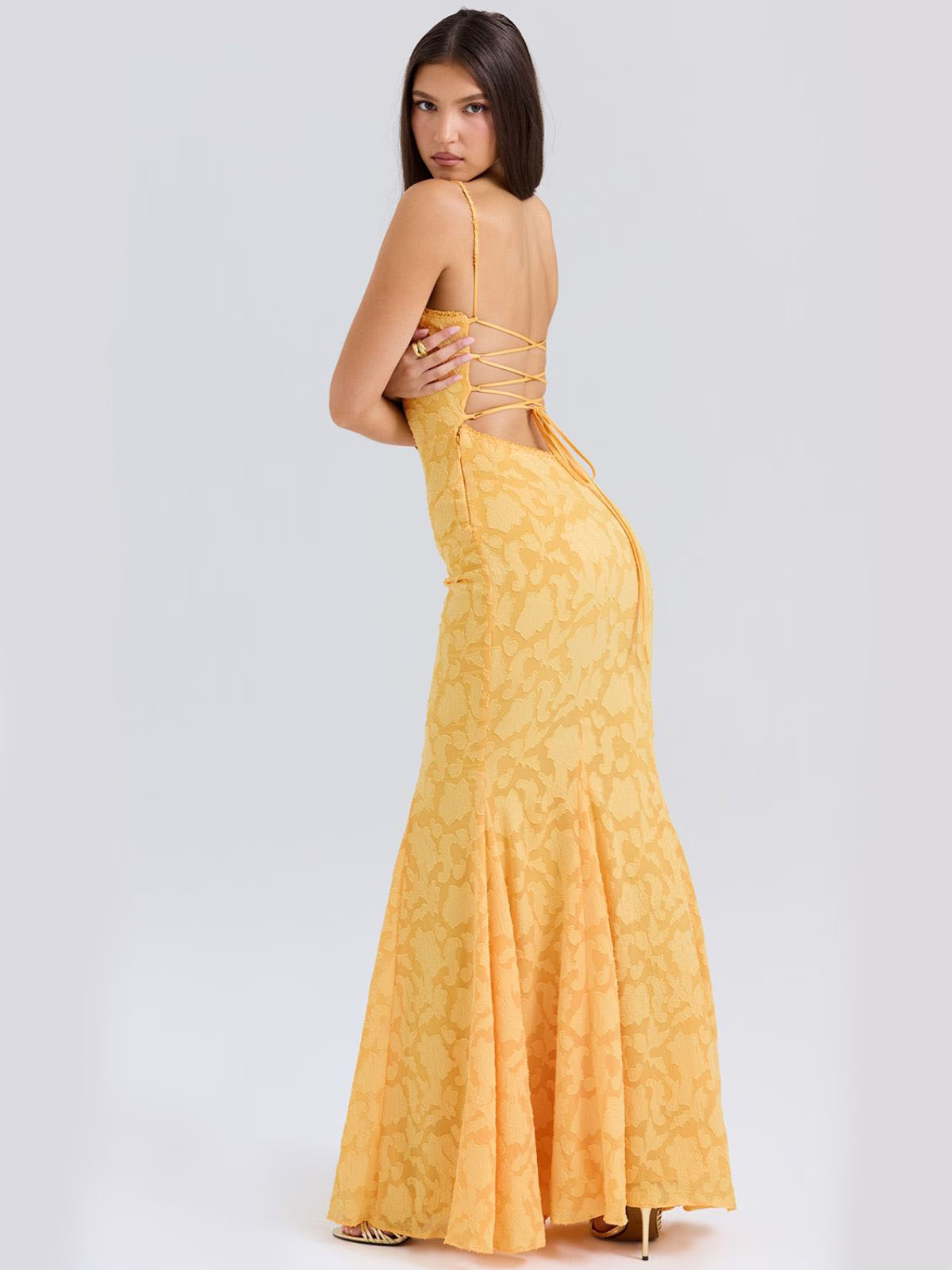 Elena Lace-Up Back Maxi Dress - Yellow, back view with crisscross lace-up detail.