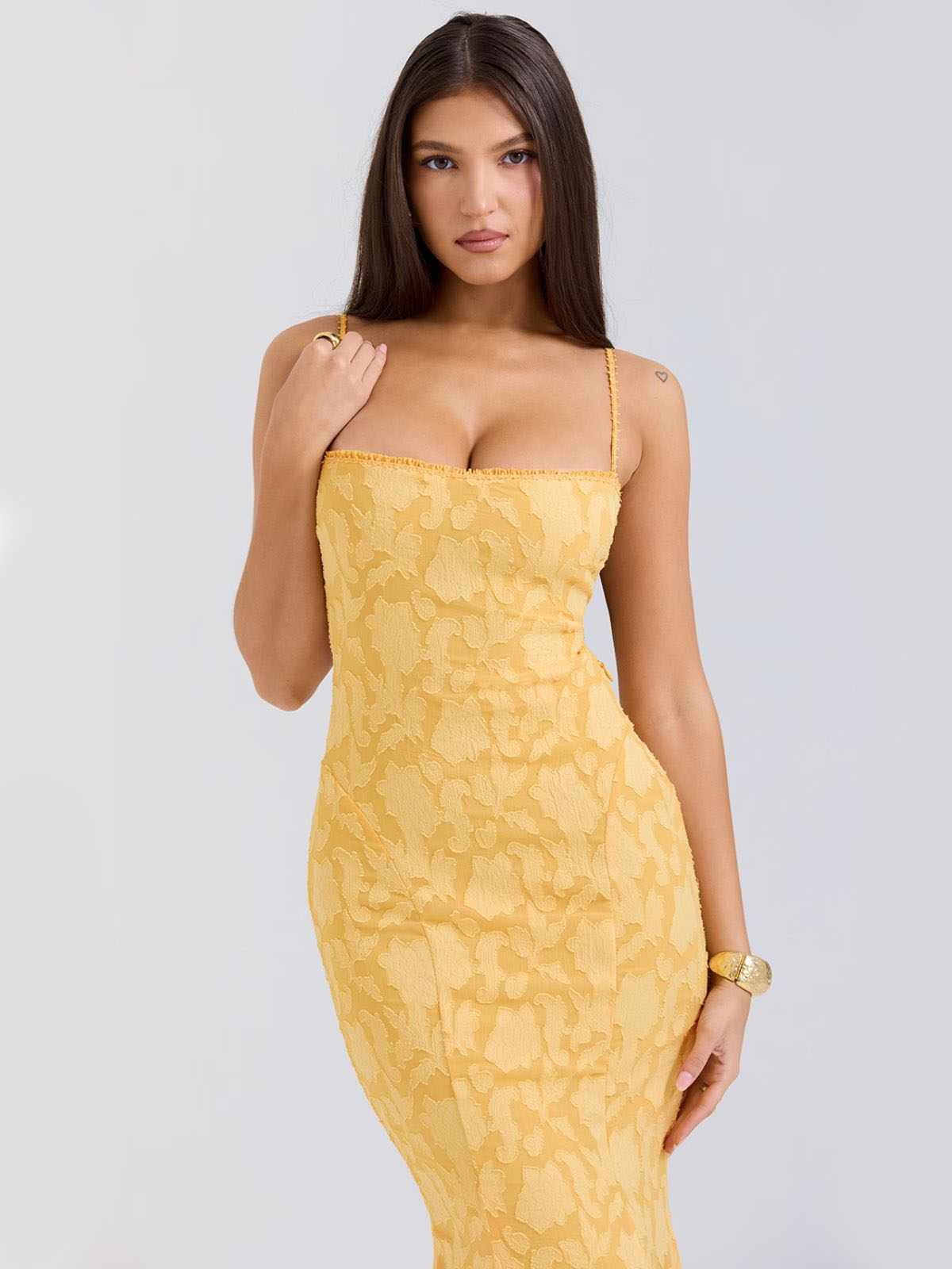 Elena Lace-Up Back Maxi Dress - Yellow, close-up view highlighting intricate lace pattern.