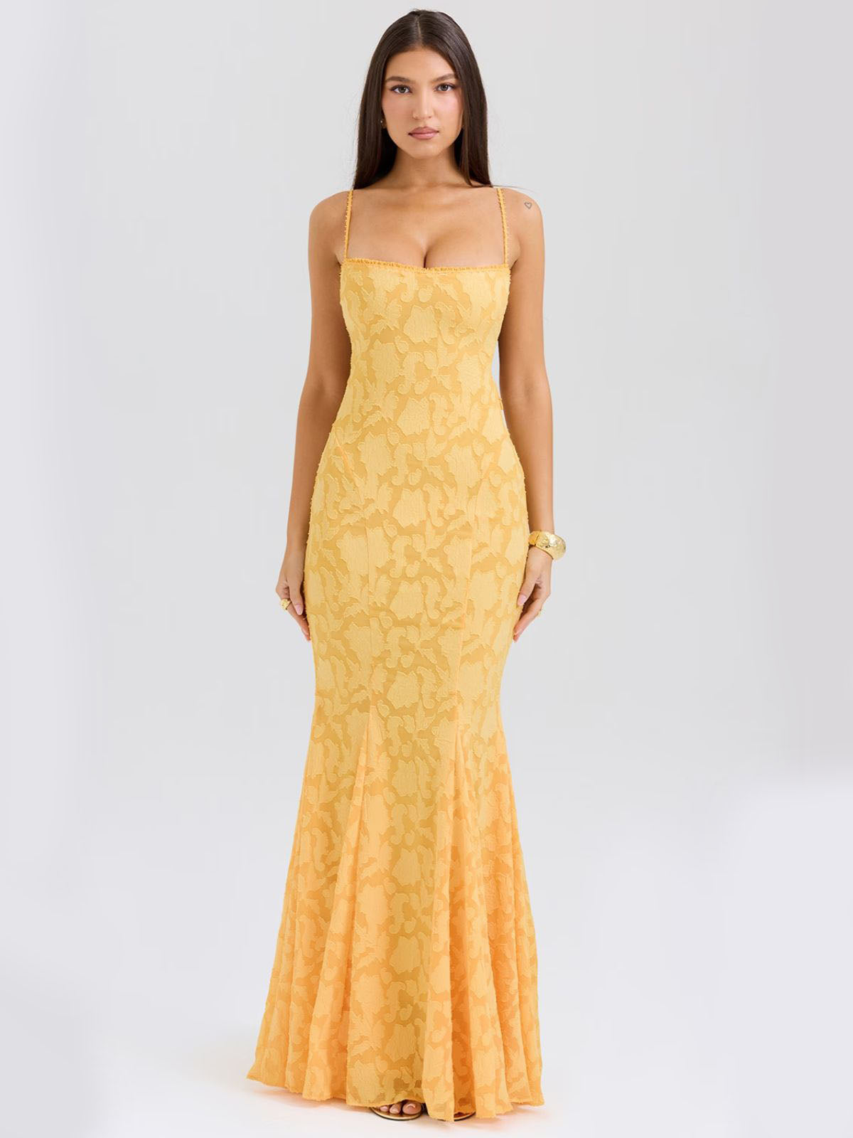 Elena Lace-Up Back Maxi Dress - Yellow, front view with lace texture and elegant silhouette.