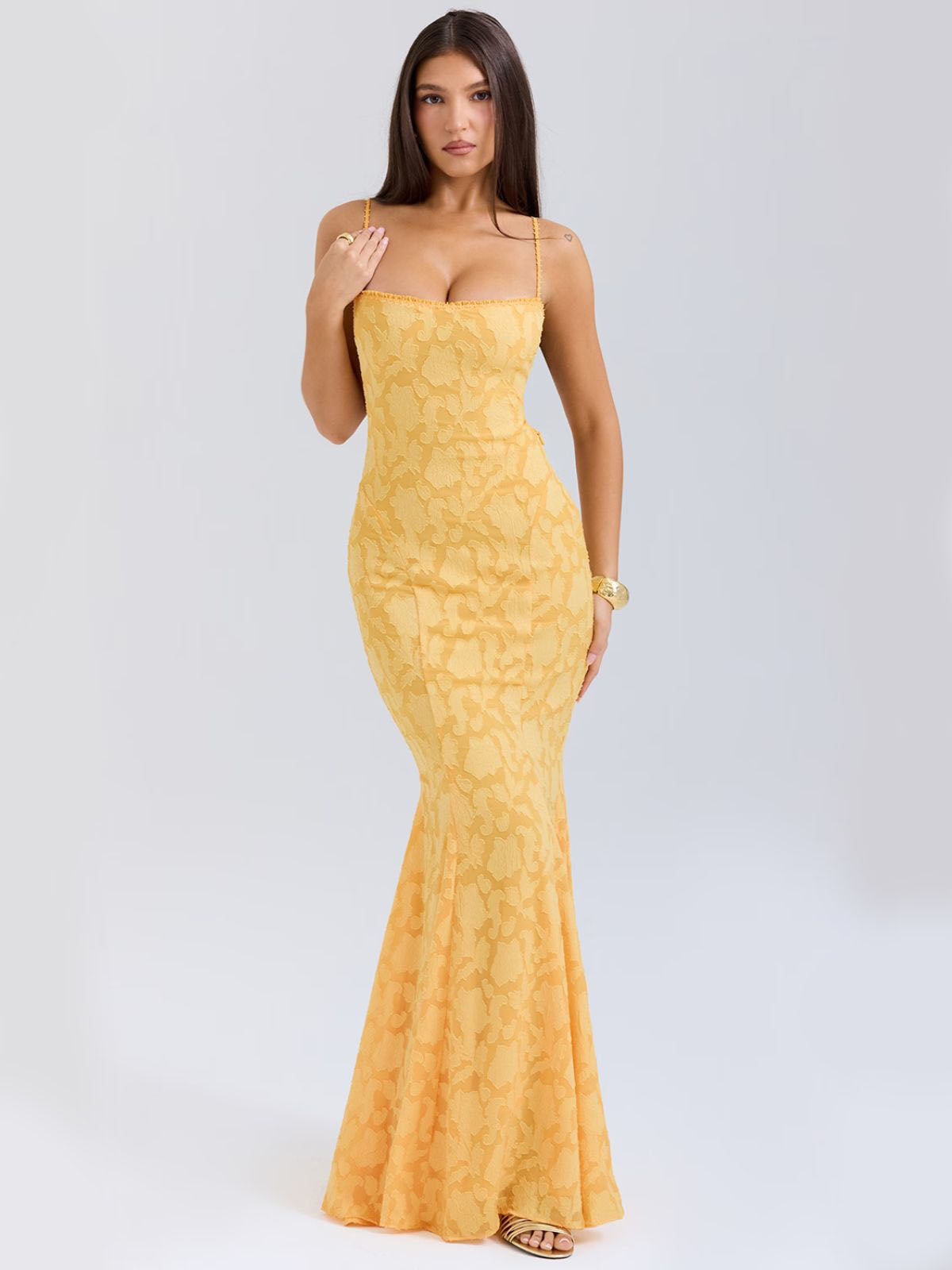 Elena Lace-Up Back Maxi Dress - Yellow, full-length view with fitted waist and mermaid hem.