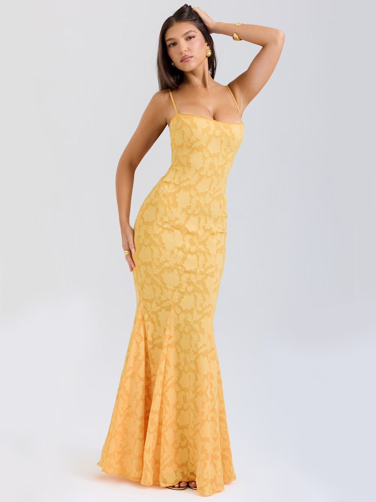 Elena Lace-Up Back Maxi Dress - Yellow, stylish pose showing lace details and flattering fit.