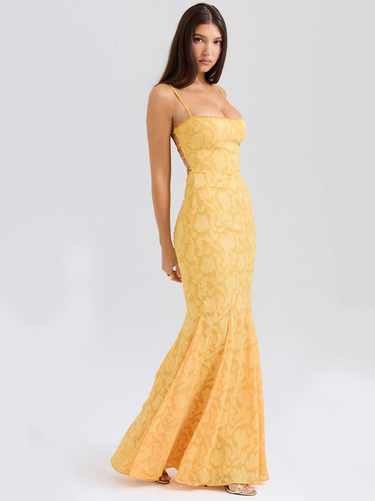 Elena Lace-Up Back Maxi Dress - Yellow, side angle showcasing lace-up back design.
