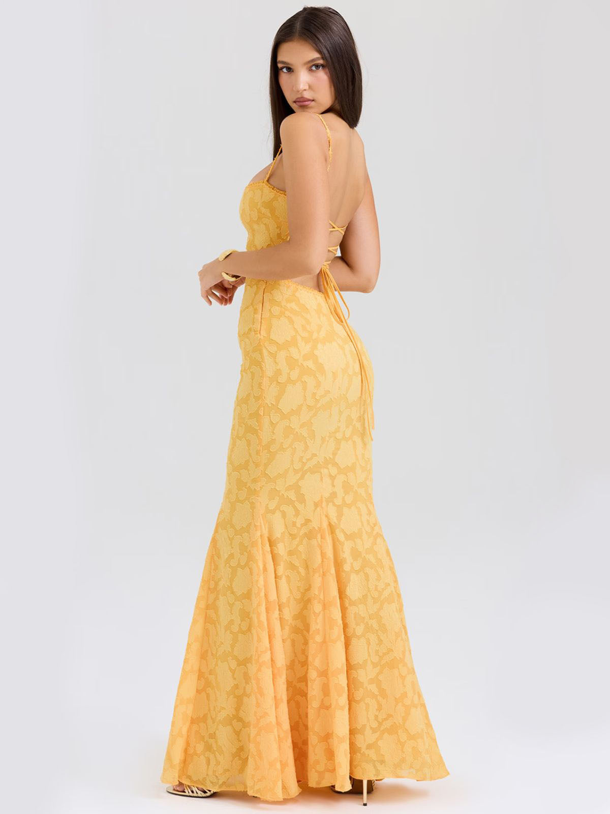 Elena Lace-Up Back Maxi Dress - Yellow, side view highlighting lace details and backless design.