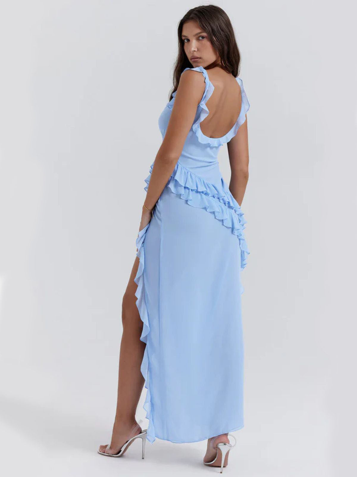 Elysian Ruffle Maxi - Blue back view, showcasing open back, ruffled trim, and elegant floor-length design.