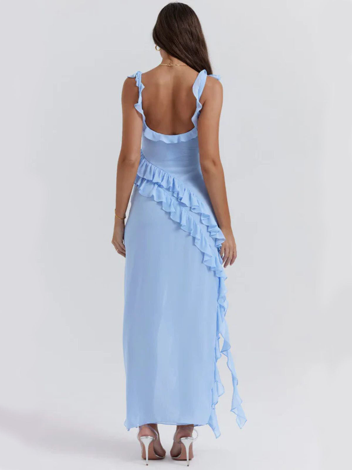 Elysian Ruffle Maxi - Blue closeup highlighting ruffle details, soft fabric, and delicate shoulder straps.