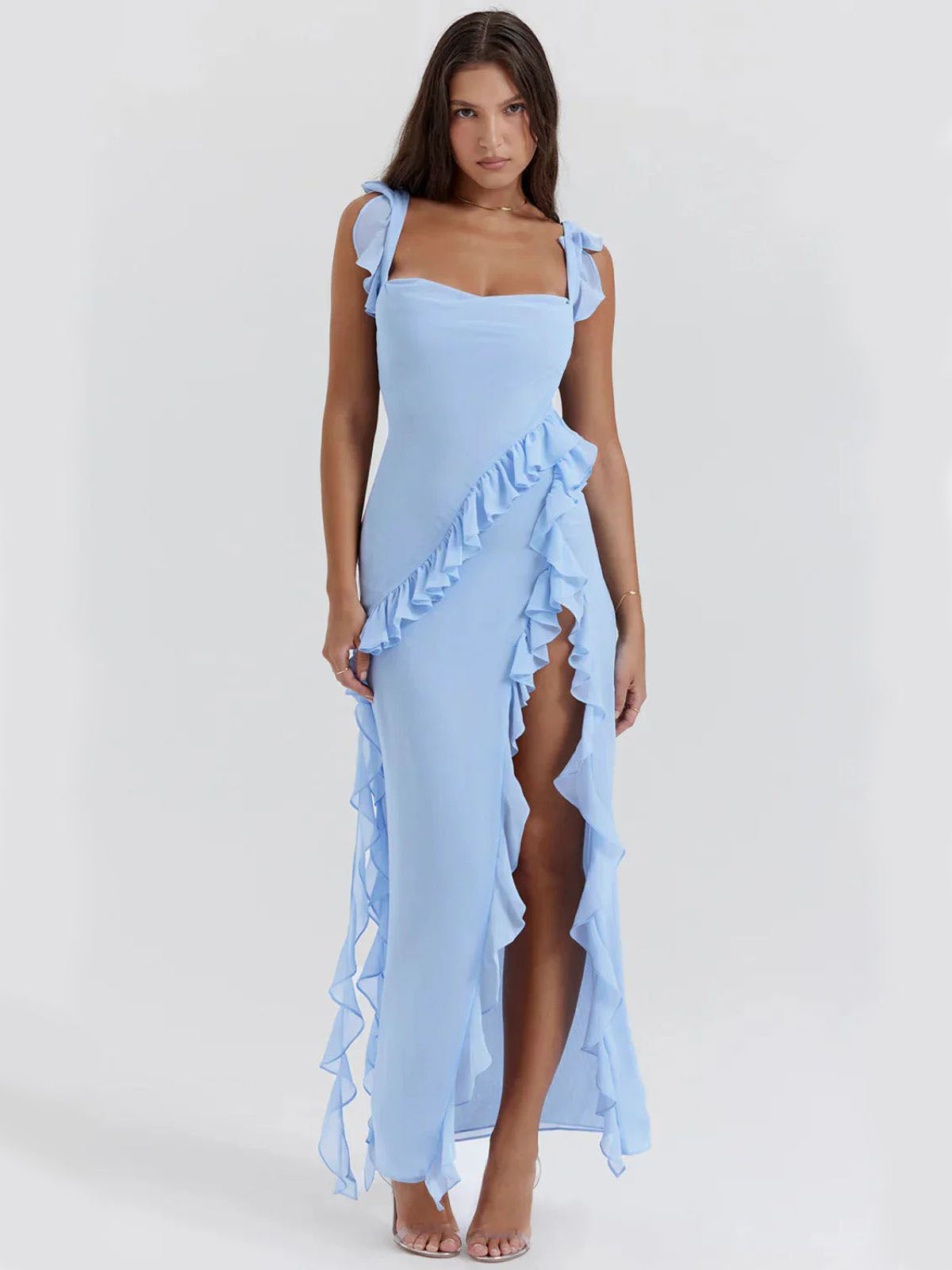 Elysian Ruffle Maxi - Blue front view, featuring ruffled shoulder straps and thigh-high slit. Elegant formal dress.