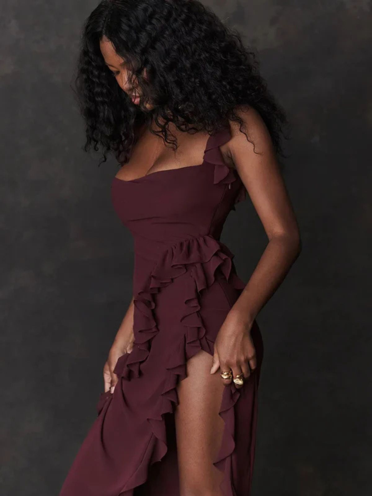 Elysian Ruffle Maxi - Brown close-up of delicate ruffles, high slit, and soft fabric, perfect for formal occasions.