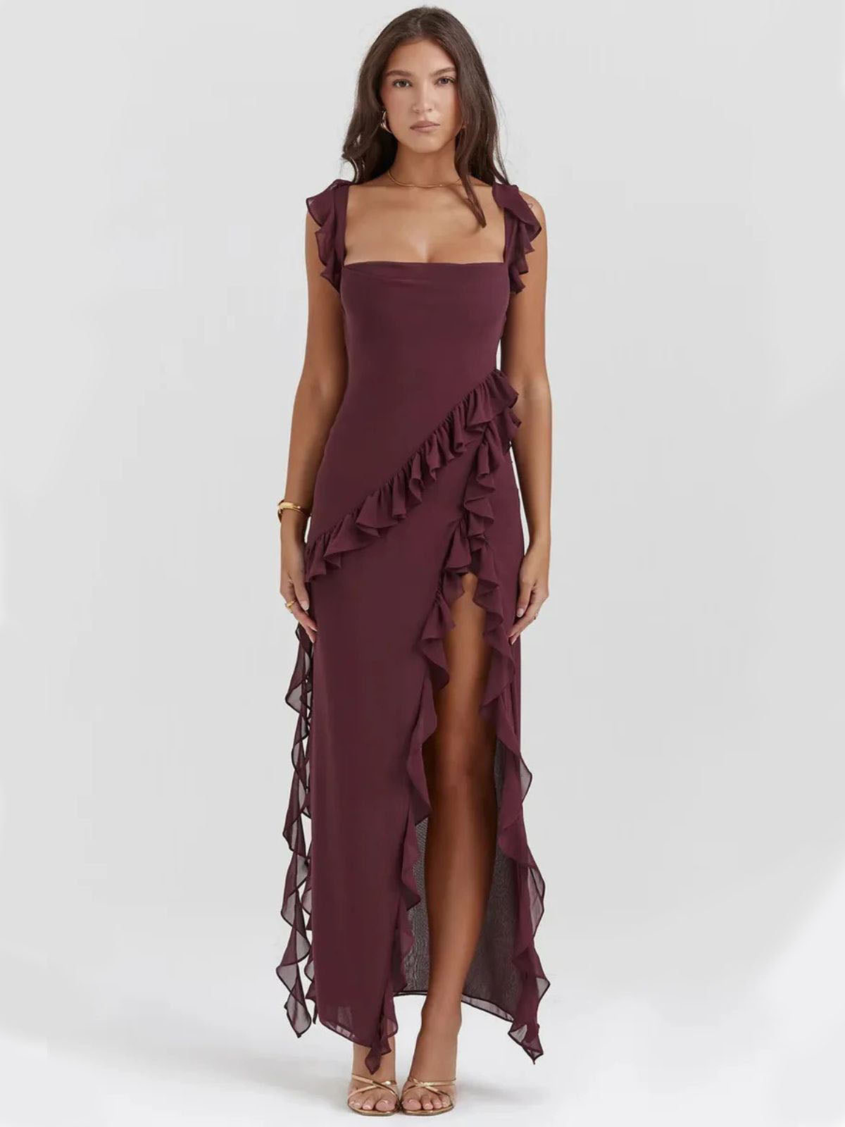Elysian Ruffle Maxi - Brown front view, featuring ruffle details, square neckline, and high slit for elegance.