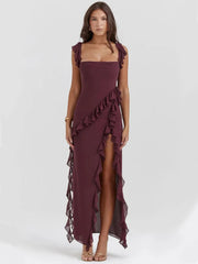 Elysian Ruffle Maxi - Brown front view, featuring ruffle details, square neckline, and high slit for elegance.