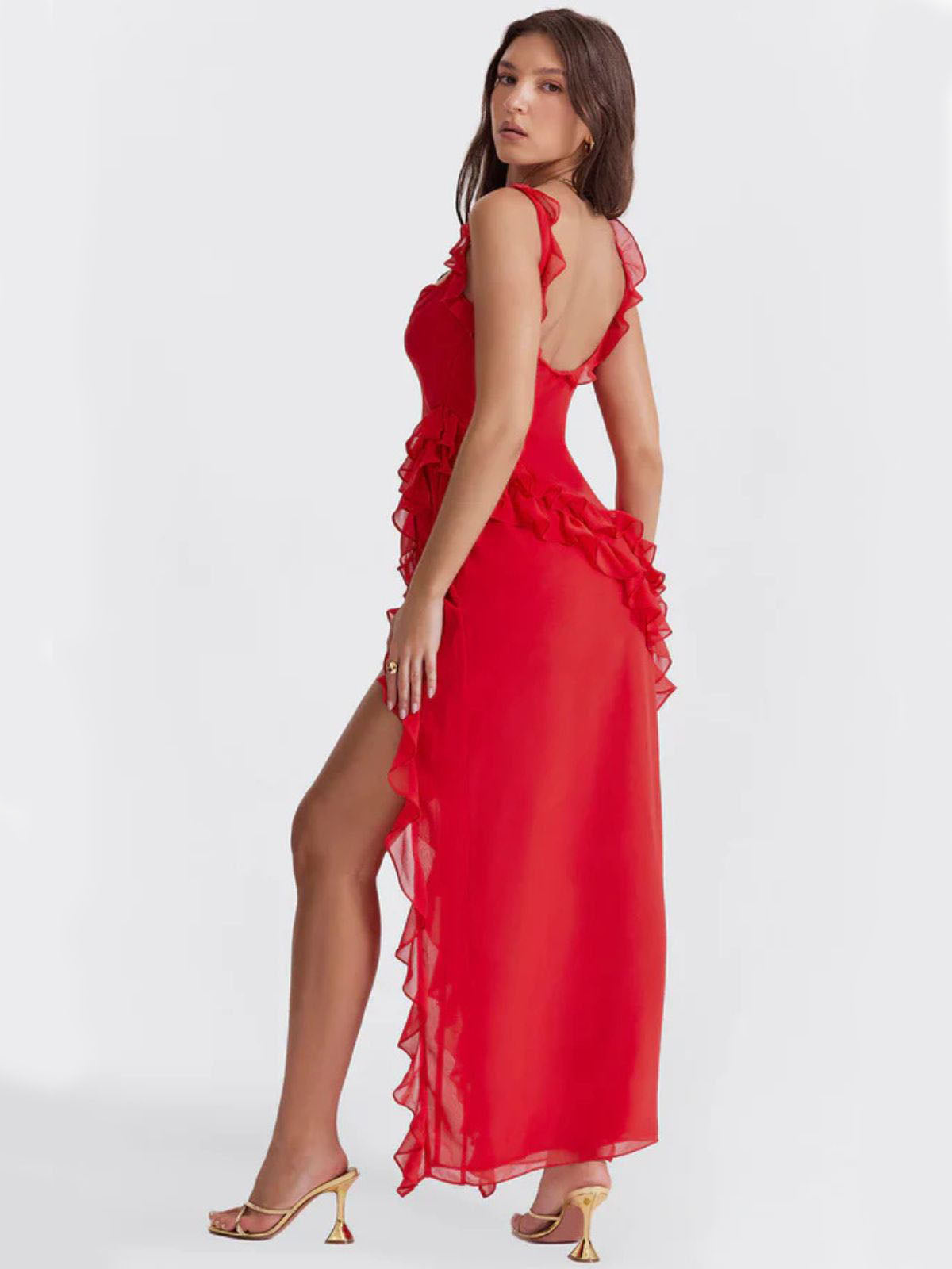 Elysian Ruffle Maxi - Red back view featuring an open-back detail, delicate ruffles, and a flattering high-waist fit.