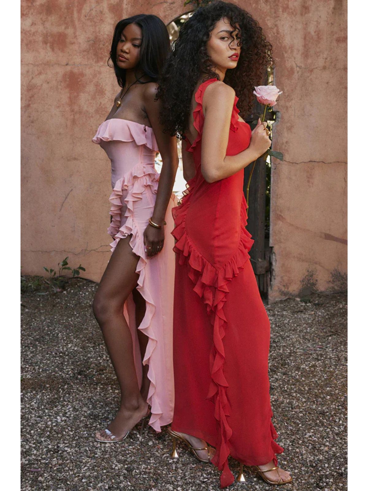 Elysian Ruffle Maxi - Red alongside a soft pink version, highlighting the elegant ruffles and timeless eveningwear appeal.