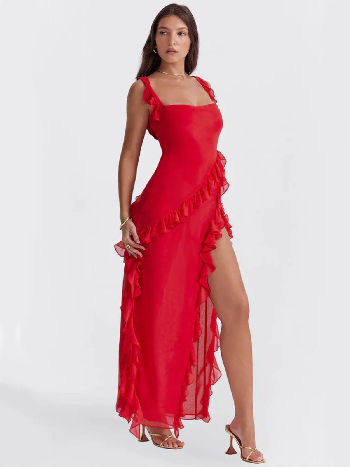 Elysian Ruffle Maxi - Red with flowing fabric and airy design, creating a breathtaking movement effect in motion.