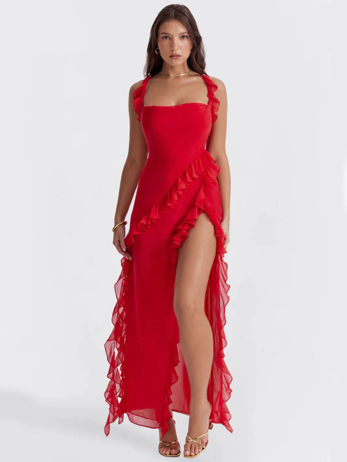 Elysian Ruffle Maxi - Red front view, featuring elegant ruffles, a square neckline, and a high slit for a bold look.