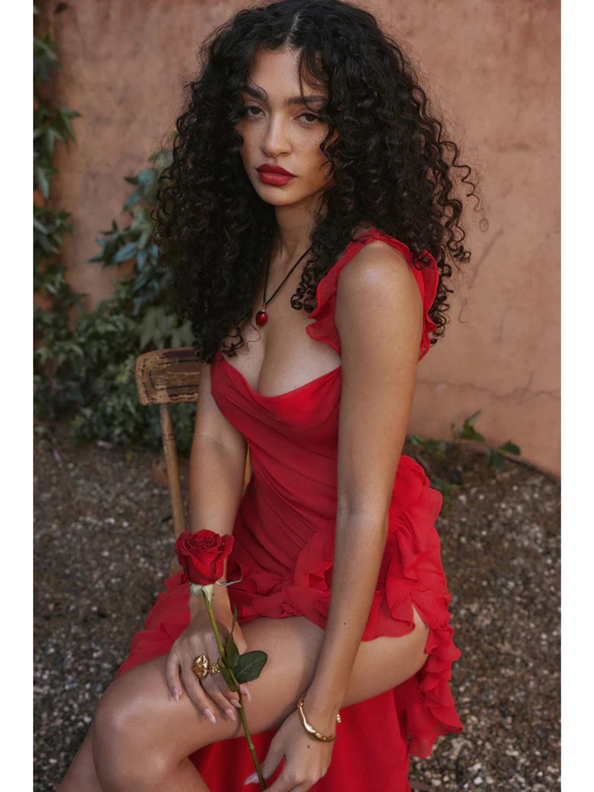 Elysian Ruffle Maxi - Red styled for a street-style editorial shoot, blending bold fashion with effortless elegance.
