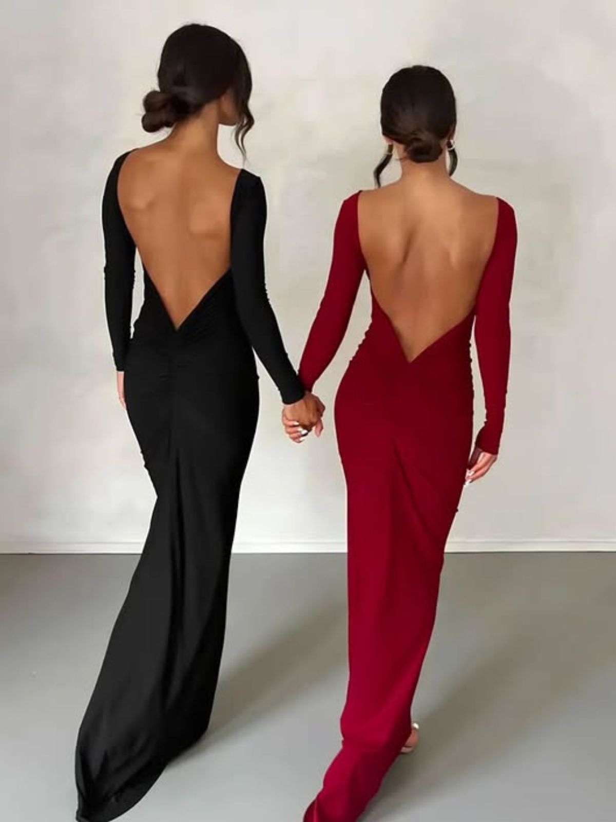 Evelina Backless Maxi Dress in black and red, highlighting the backless design for prom or evening wear.
