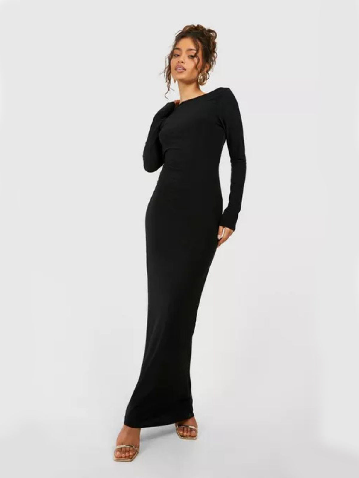Evelina Backless Maxi Dress in black, front view showing a sleek and elegant design for formal events.