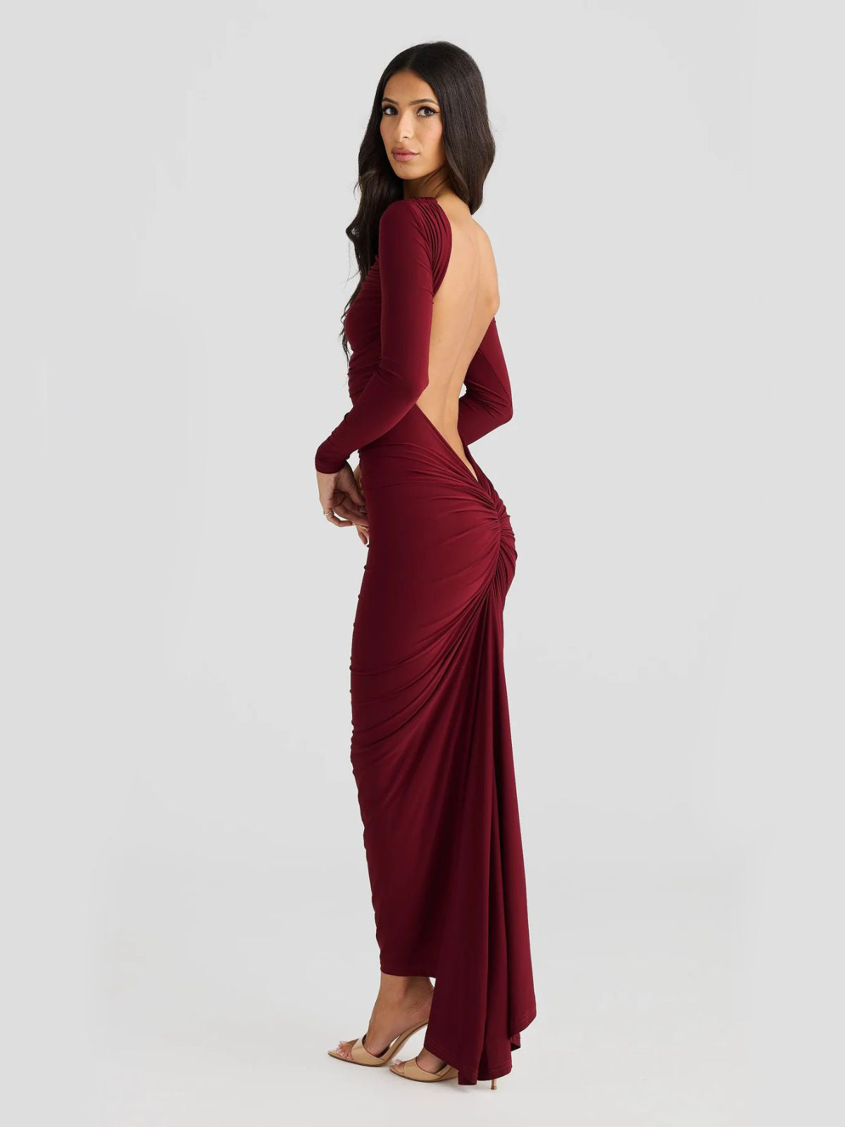 Evelina Backless Maxi Dress in red, back view showing ruched details and a sophisticated cut for prom.