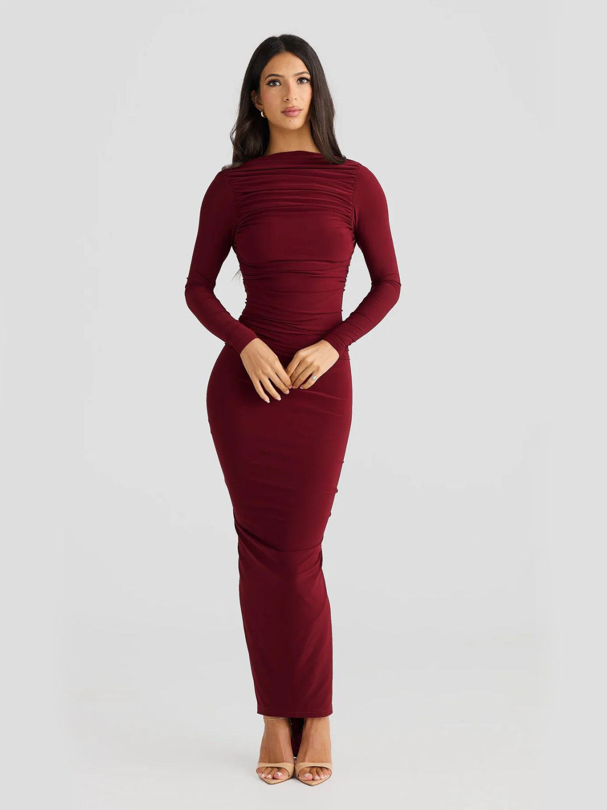 Evelina Backless Maxi Dress in red, ideal for prom or formal events, featuring a luxurious backless style.