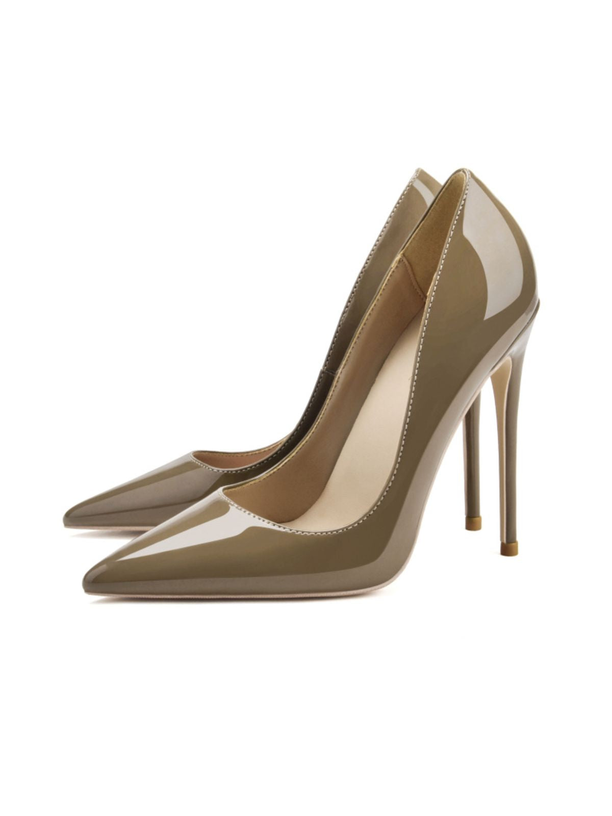 Glamour Stilettos Heels – Wide Fit taupe patent leather pointed toe high heel pumps front view
